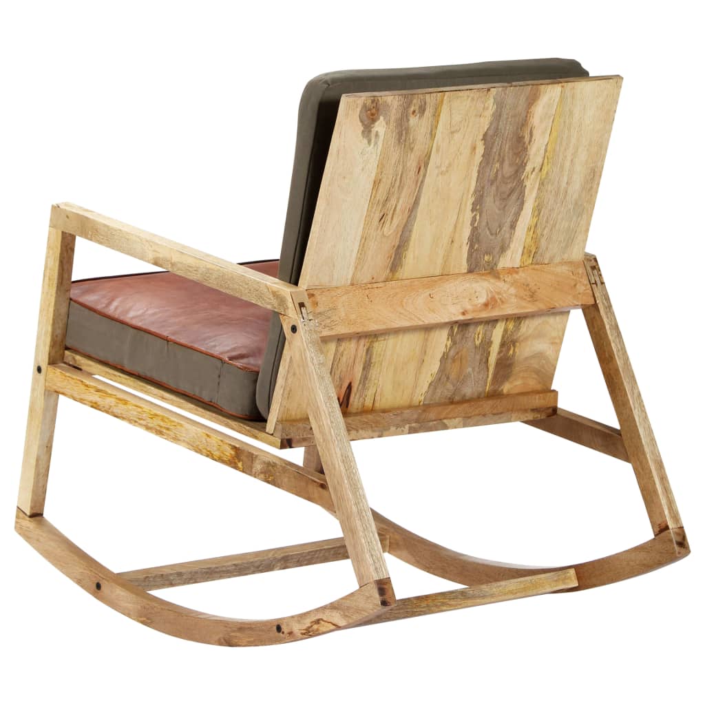 Chaise À Bascule Marron Cuir Véritable Et Manguier Massif