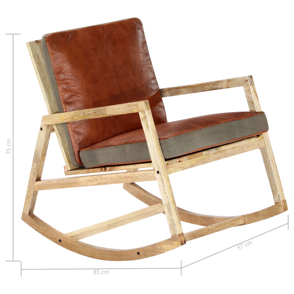 Chaise À Bascule Marron Cuir Véritable Et Manguier Massif