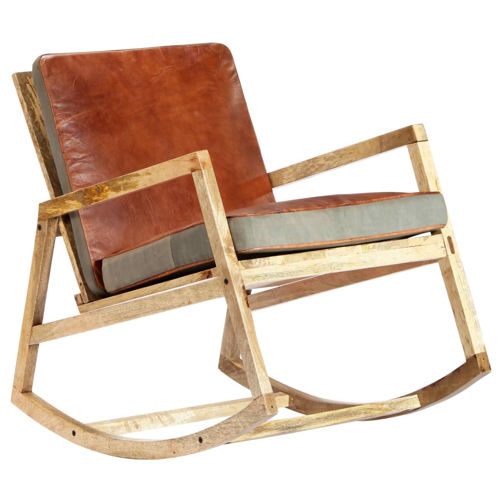 Chaise À Bascule Marron Cuir Véritable Et Manguier Massif