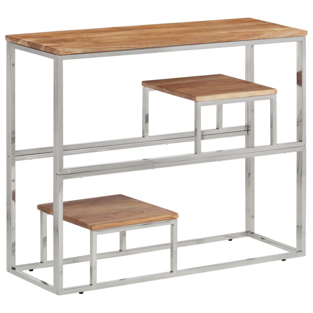 Table Console Argenté Acier Inoxydable Et Massif D'acacia