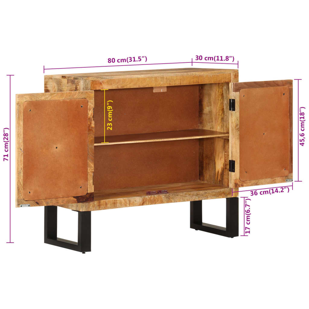 Buffet 80X30X71 Cm Bois De Manguier Brut Massif Et Métal