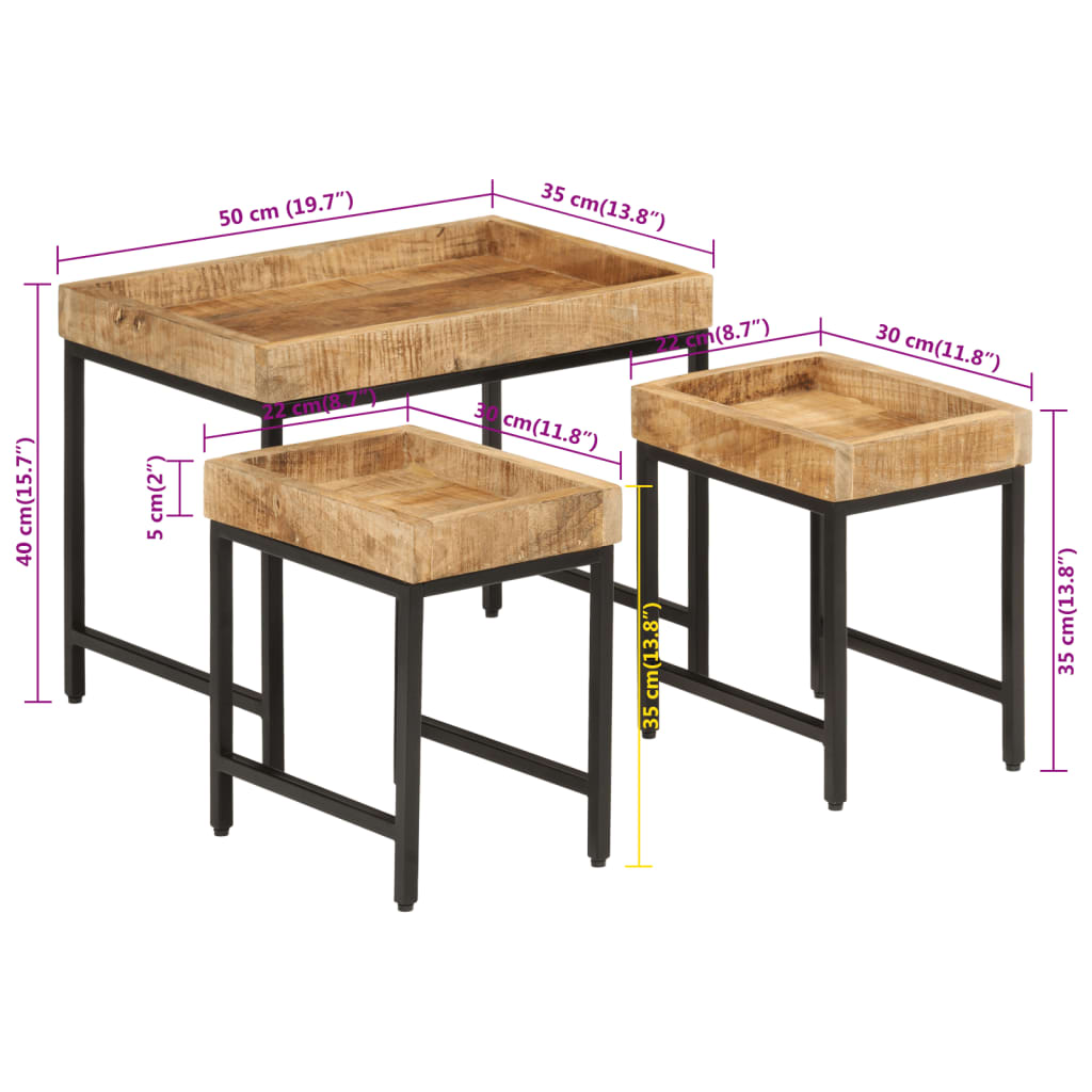 Tables Basses Gigognes 3Pcs Bois De Manguier Massif Brut Et Fer