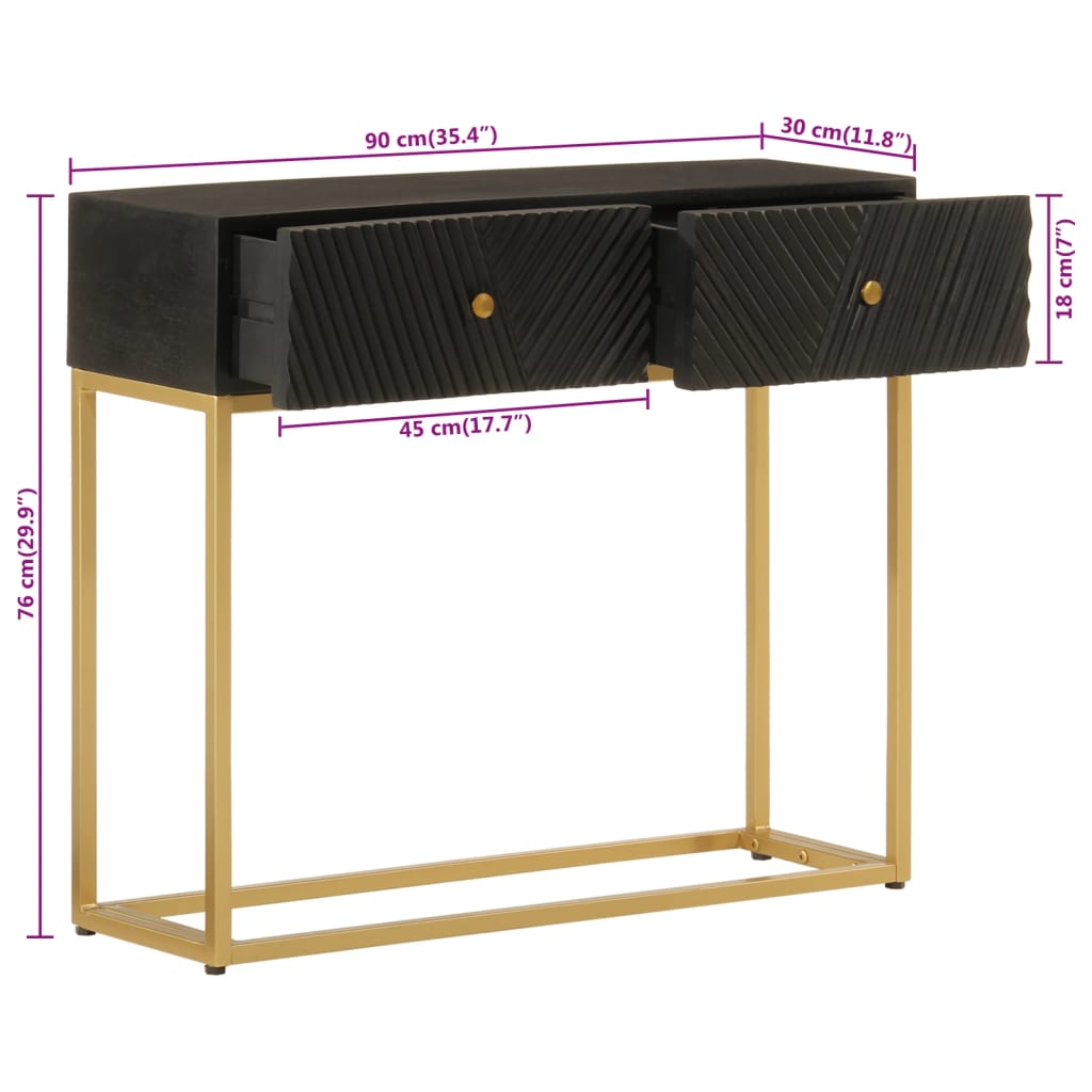 Table Console Noir Bois Massif De Manguier Et Fer Avec 2 Tiroirs