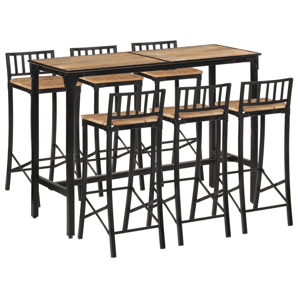 Ensemble De Bar 7 Pcs Bois De Manguier Brut Massif Et Métal