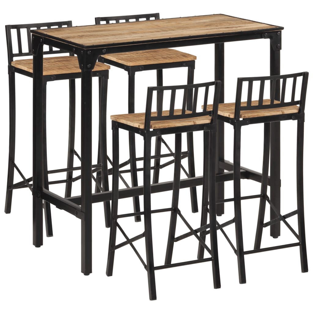 Ensemble De Bar 5 Pcs Bois De Manguier Brut Massif Et Métal