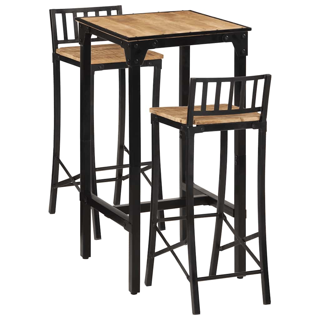 Ensemble De Bar 3 Pcs Bois De Manguier Brut Massif Et Métal