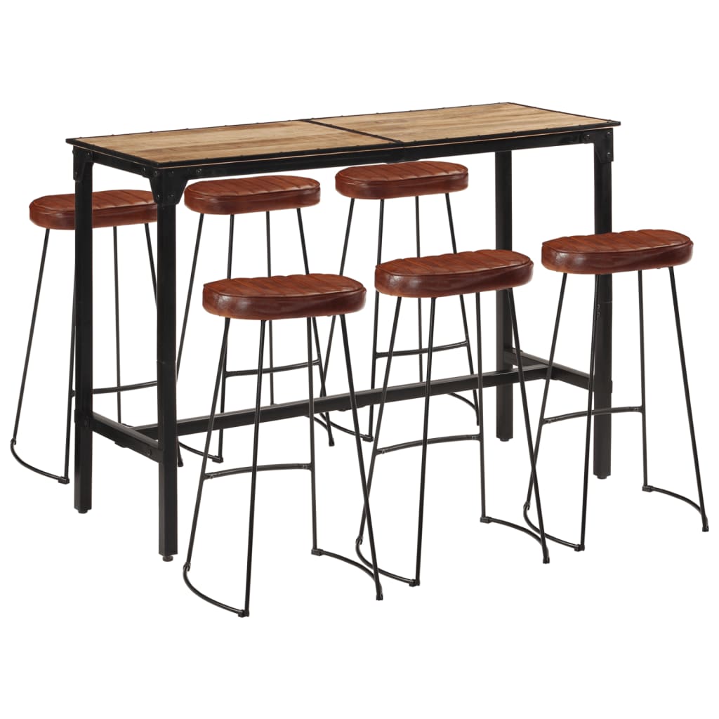 Ensemble De Bar 7 Pcs Bois De Manguier Brut Massif Et Métal