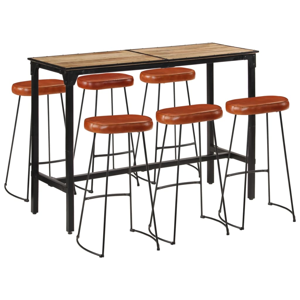 Ensemble De Bar 7 Pcs Bois De Manguier Brut Massif Et Métal