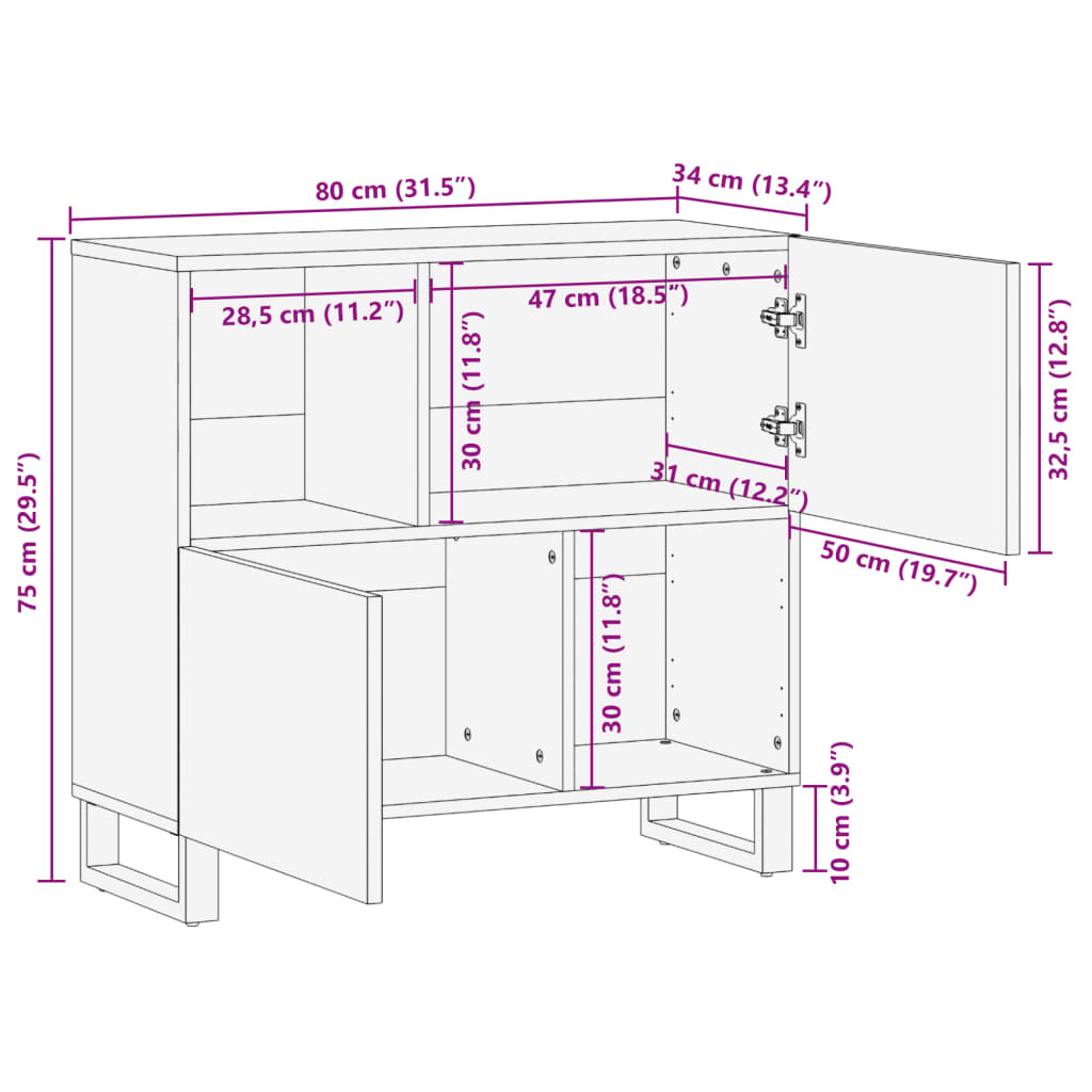 Buffet 80X34X75 Cm Bois Massif De Manguier Marron Clair