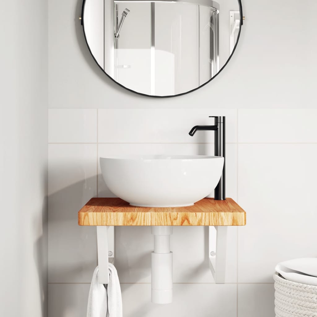 Étagère De Vasque Murale Acier Et Bois De Chêne Massif Marron Clair Et Blanc