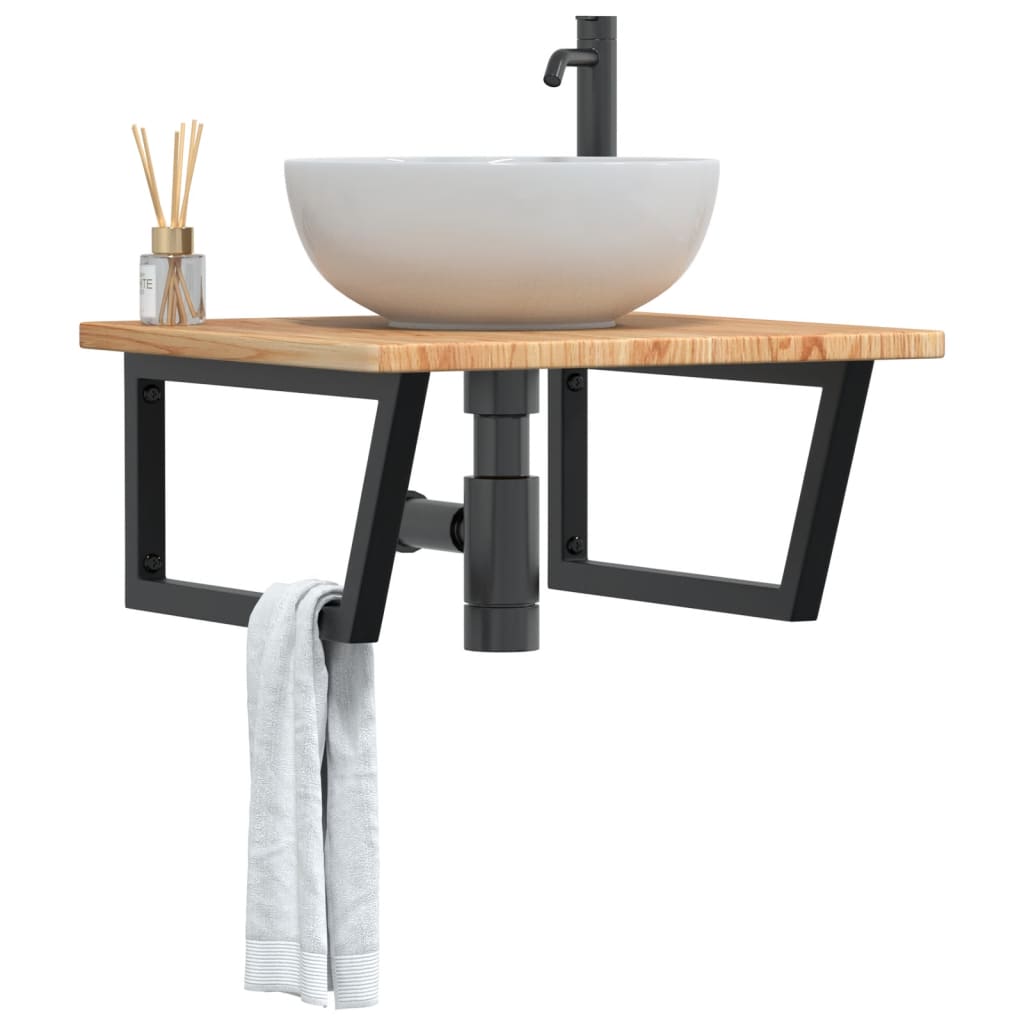 Étagère De Vasque Murale Acier Et Bois De Chêne Massif Marron Clair Et Noir