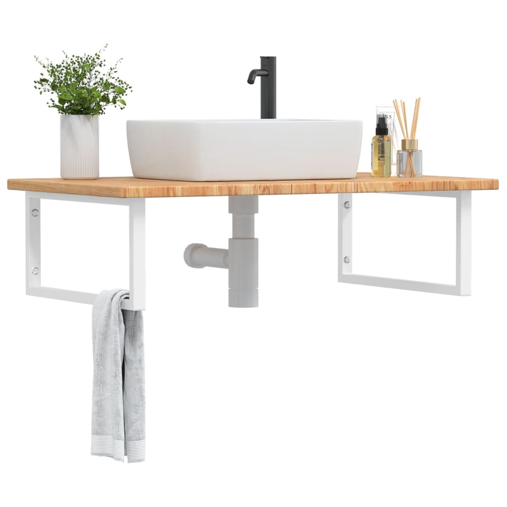 Étagère De Vasque Murale Acier Et Bois De Chêne Massif Marron Clair Et Blanc
