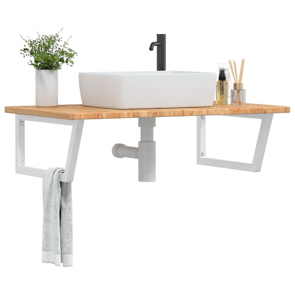 Étagère De Vasque Murale Acier Et Bois De Chêne Massif Marron Clair Et Blanc