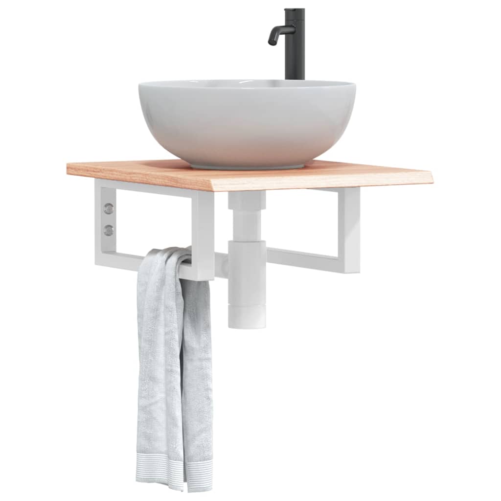 Étagère De Vasque Murale Acier Et Bois De Chêne Massif Marron Clair Et Blanc