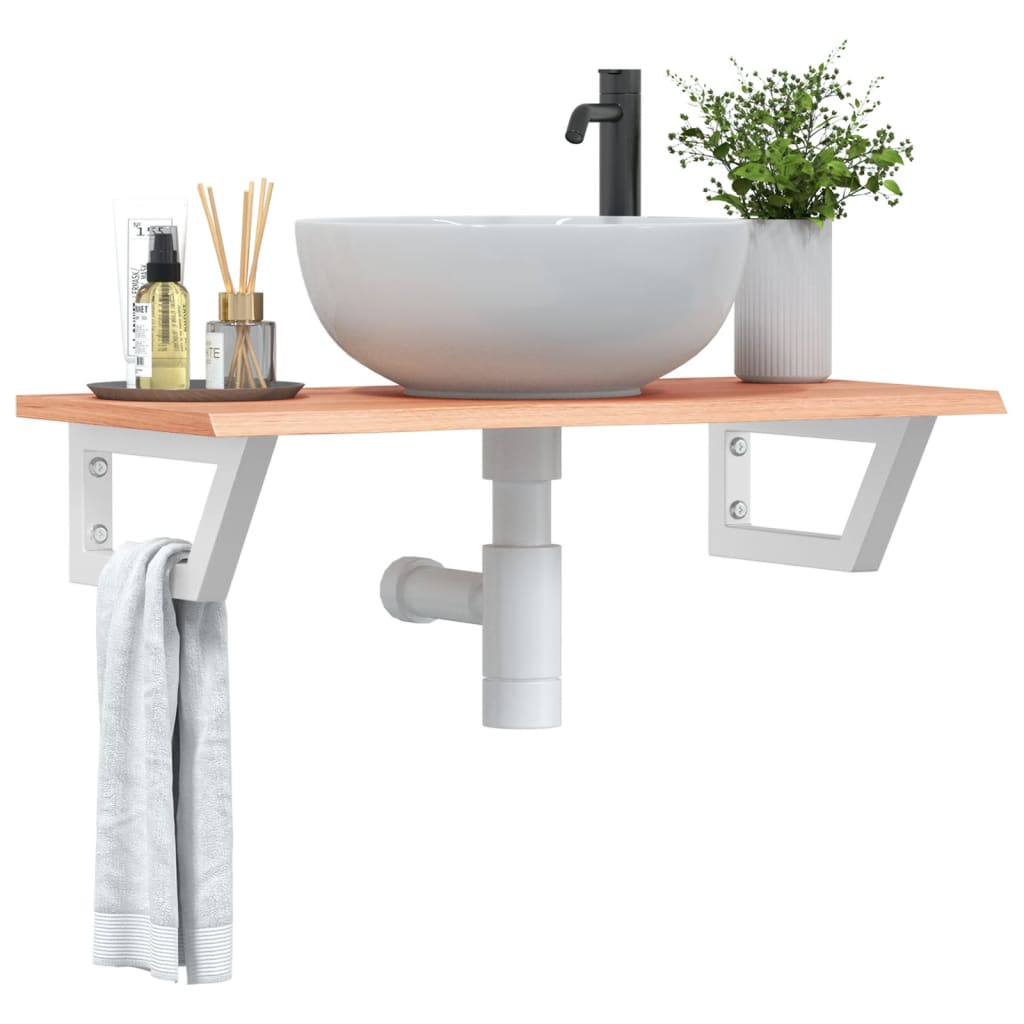 Étagère De Vasque Murale Acier Et Bois De Chêne Massif Marron Clair Et Blanc