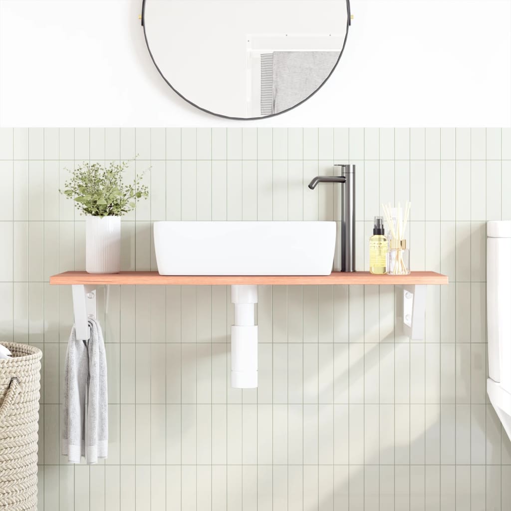 Étagère De Vasque Murale Acier Et Bois De Chêne Massif Marron Clair Et Blanc