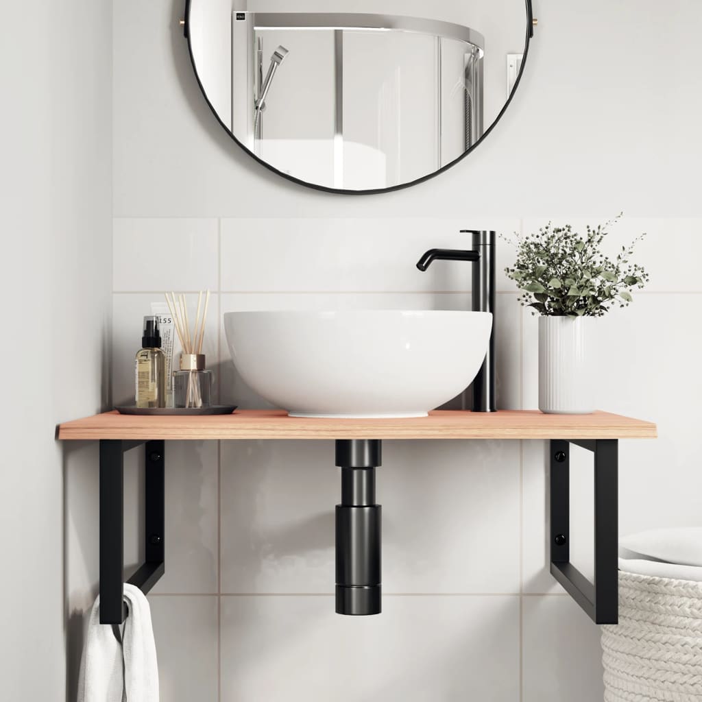 Étagère De Vasque Murale Acier Et Bois De Chêne Massif Marron Clair Et Noir