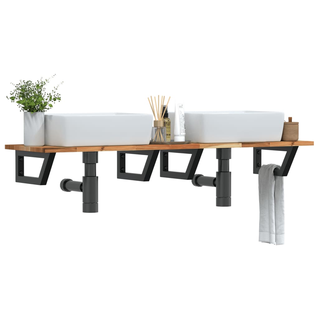 Étagère De Vasque Murale Acier Et Bois Massif D'acacia Marron Foncé Et Noir