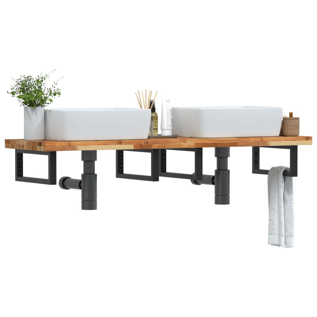 Étagère De Vasque Murale Acier Et Bois Massif D'acacia Marron Foncé Et Noir