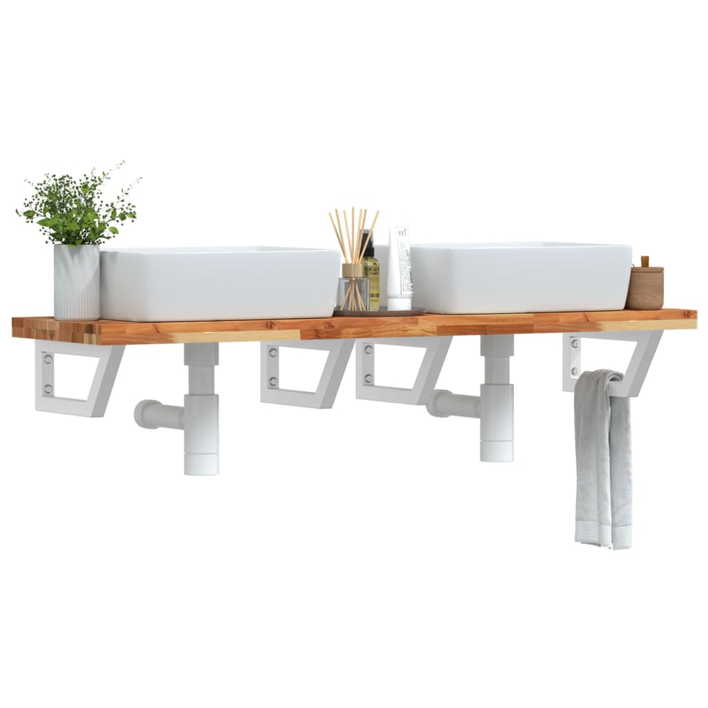 Étagère De Vasque Murale Acier Et Bois Massif D'acacia Marron Foncé Et Blanc