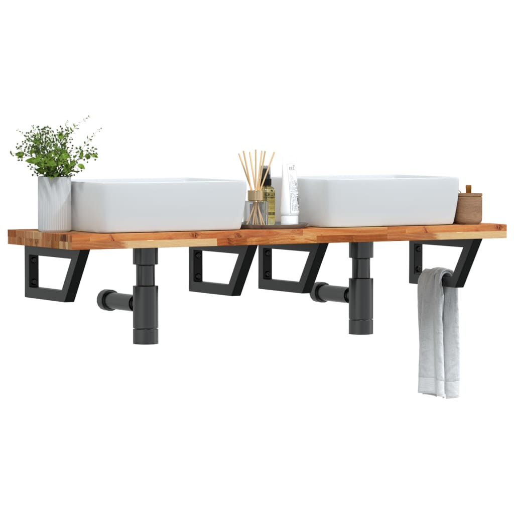 Étagère De Vasque Murale Acier Et Bois Massif D'acacia Marron Foncé Et Noir