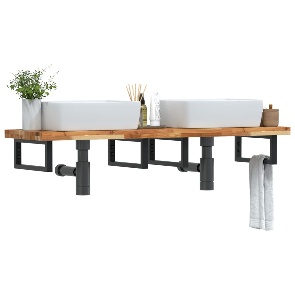 Étagère De Vasque Murale Acier Et Bois Massif D'acacia Marron Foncé Et Noir