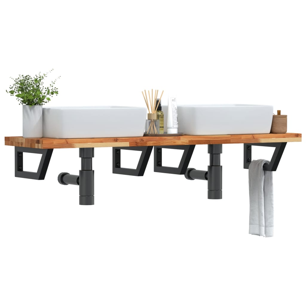 Étagère De Vasque Murale Acier Et Bois Massif D'acacia Marron Foncé Et Noir