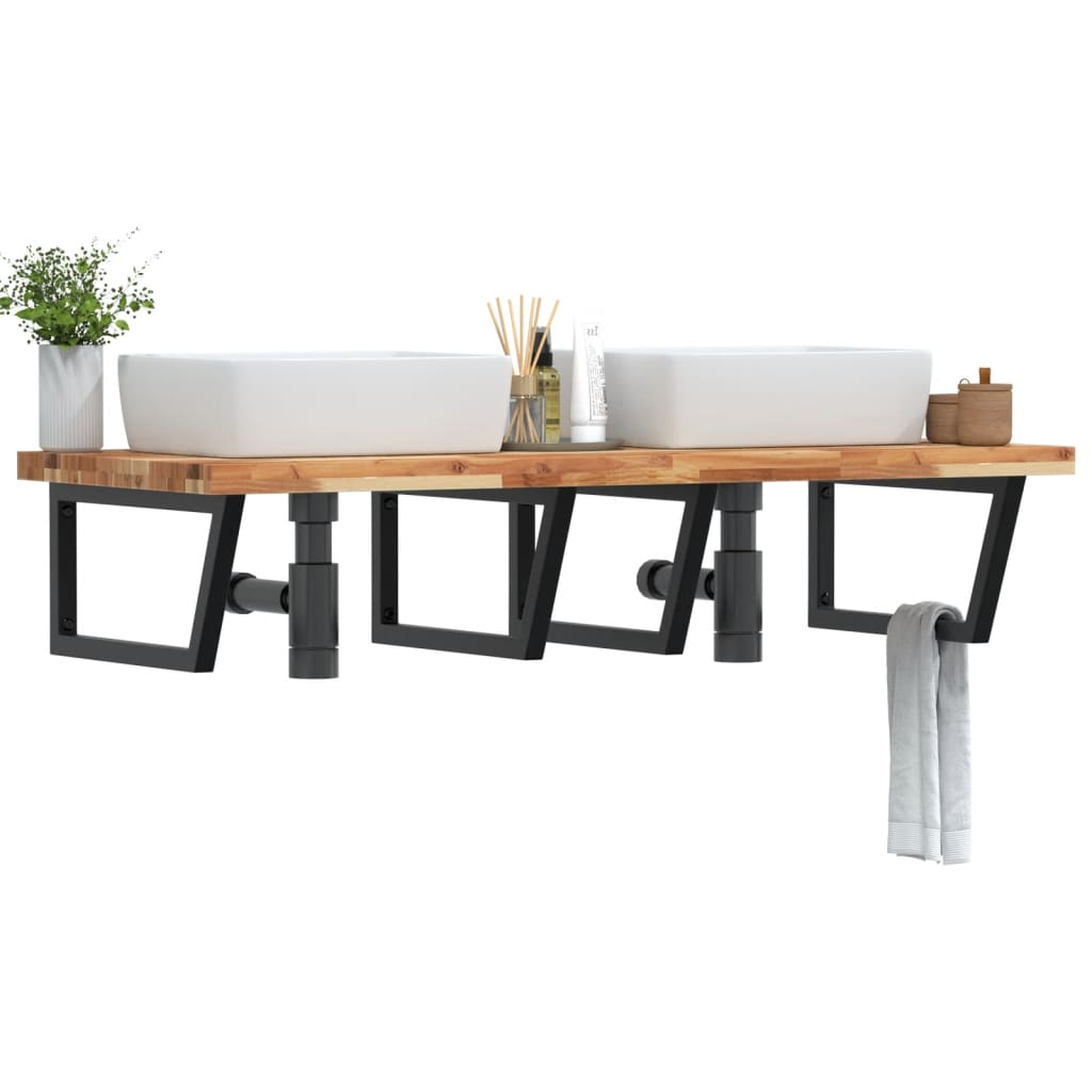 Étagère De Vasque Murale Acier Et Bois Massif D'acacia Marron Foncé Et Noir