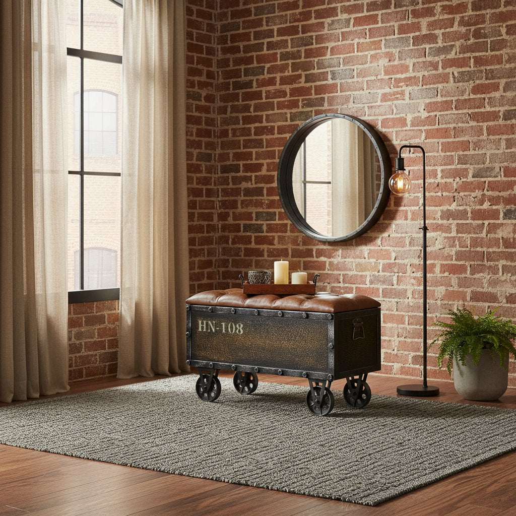 Banc Coffre Industriel en Bois Massif et Similicuir