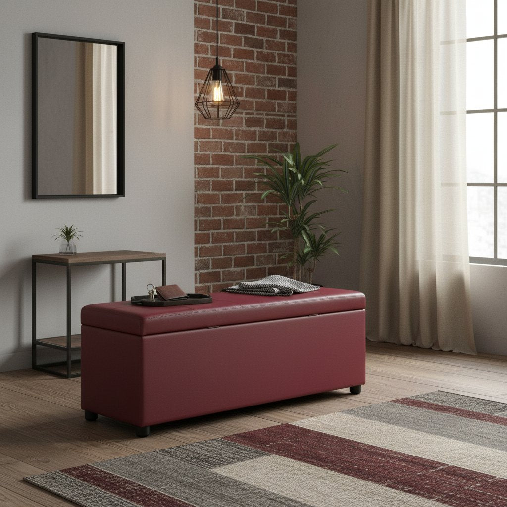 Banc Élégant en Cuir avec Rangement Bordeaux