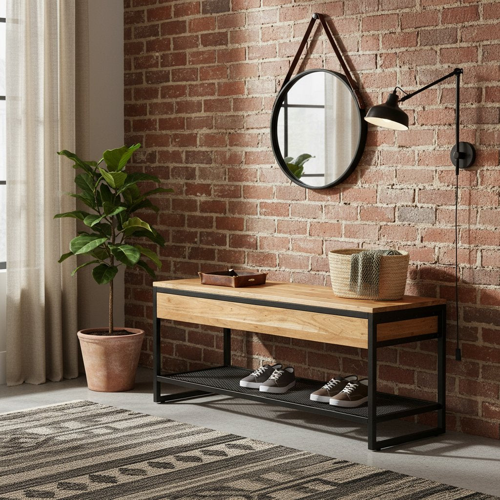 Banc d'Entrée en Bois Massif d'Acacia et Fer