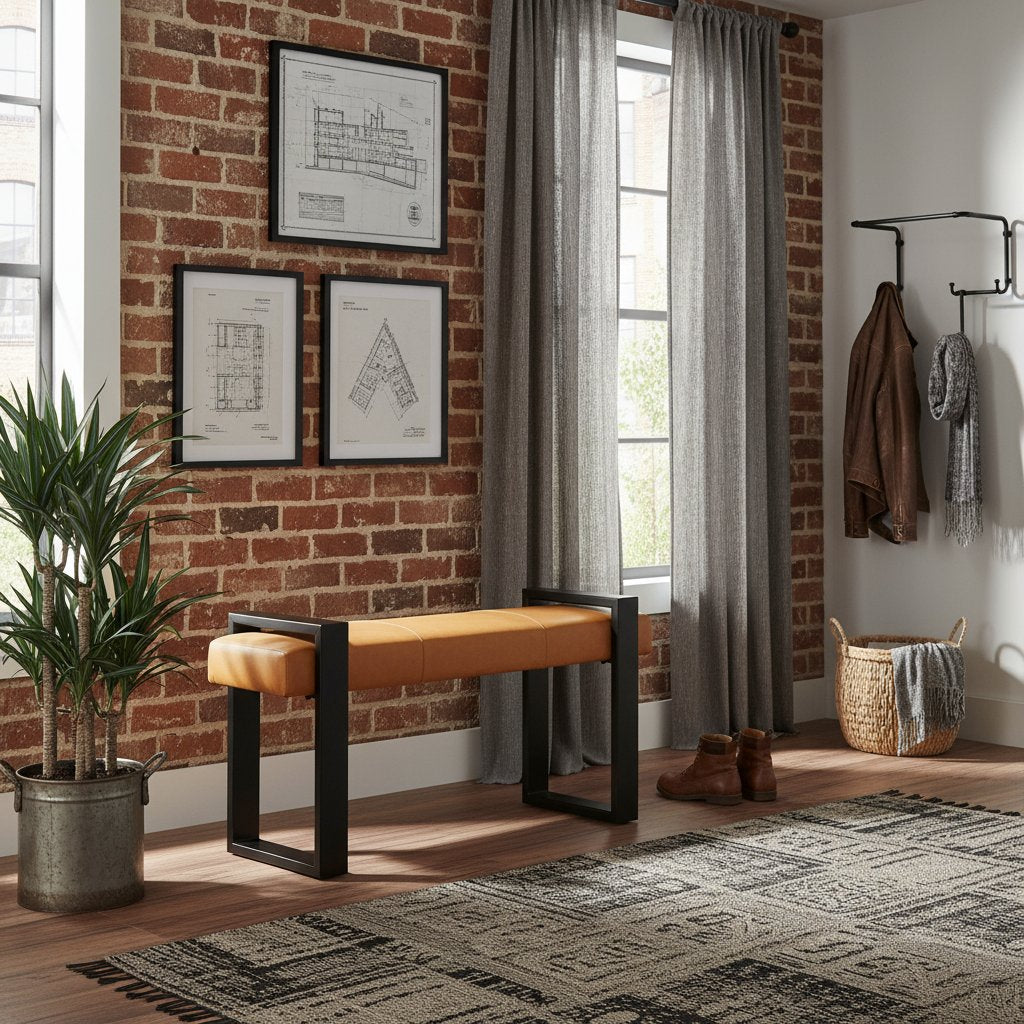 Banc d'entrée en Cuir de Chèvre Style Industriel