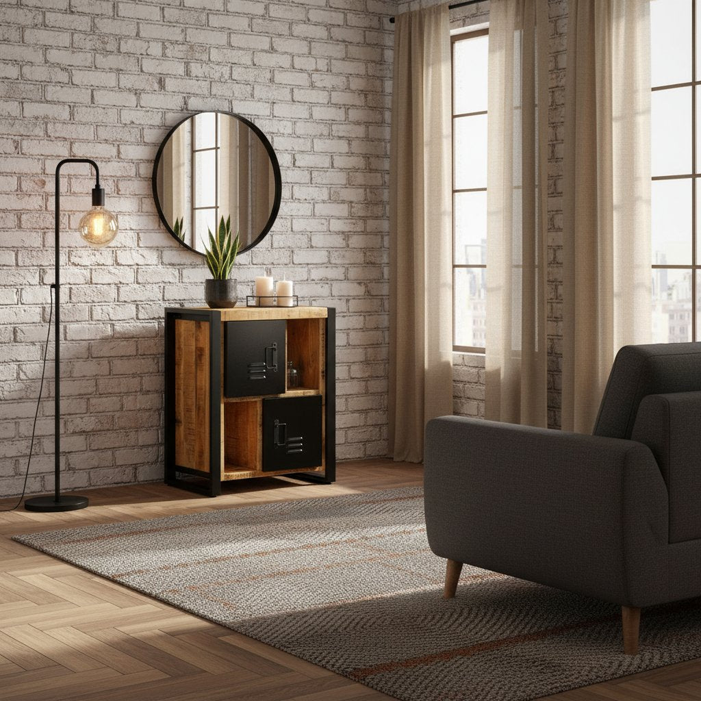 Buffet Industriel en Bois de Manguier et Métal Noir