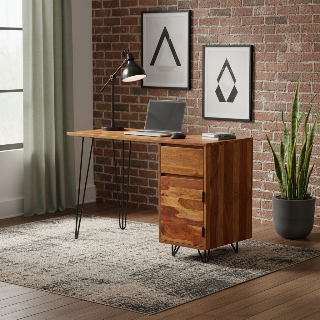 Bureau Élégant en Métal Noir et Bois Massif