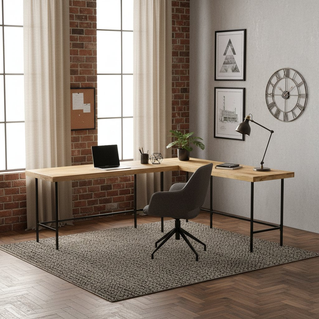 Bureau Industriel d'Angle en Bois de Manguier et Fer