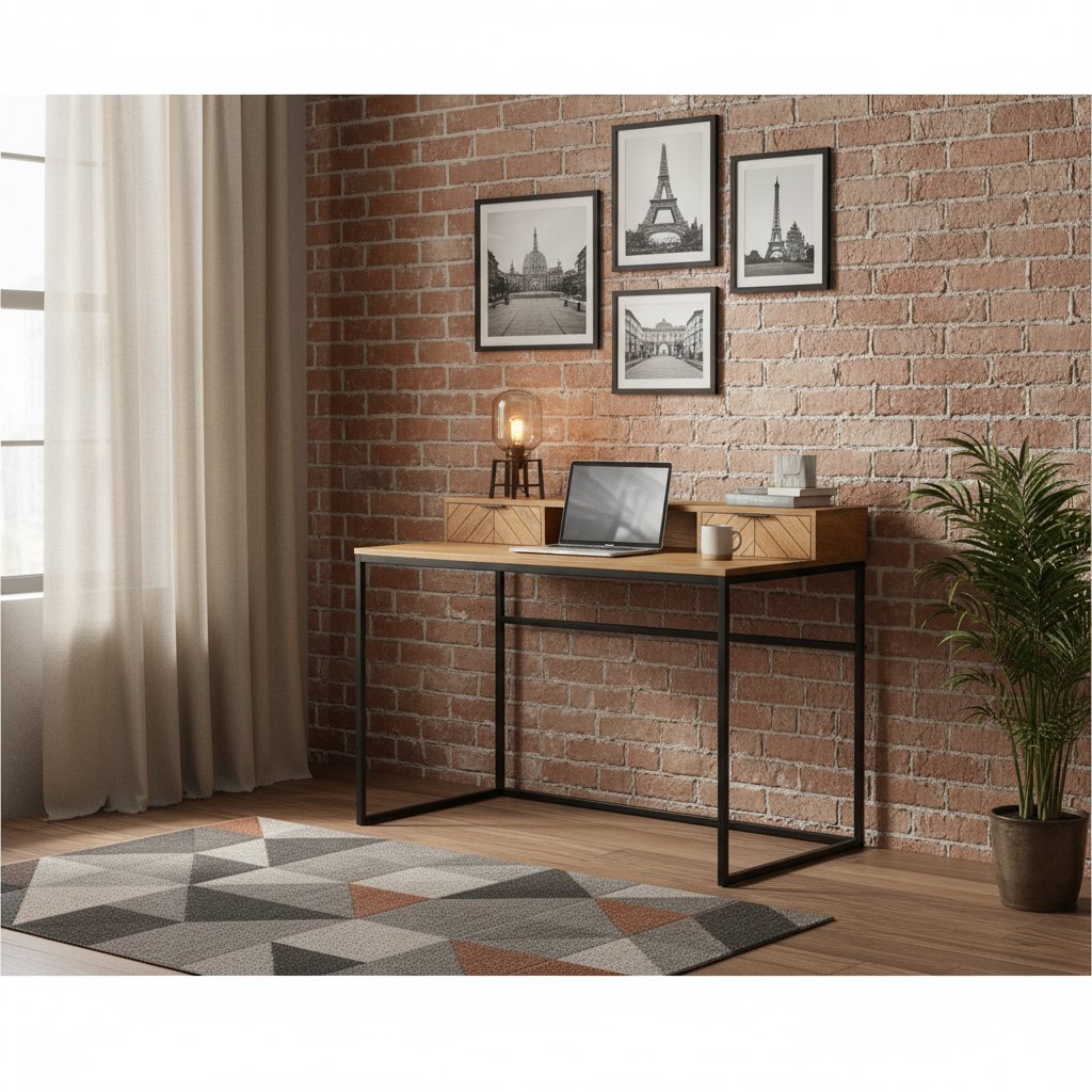 Bureau Style Industriel en Métal et Bois Massif