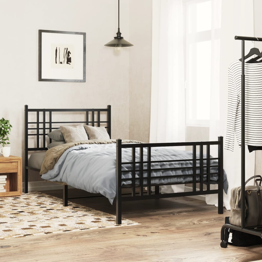 Cadre de Lit Double Industriel en Métal Noir-Noir-avec tête de lit et pied de lit-90 x 190 cm-La-Fabrique-Industrielle