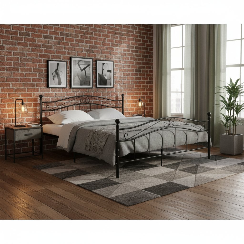 Cadre de Lit 2 Personnes en Métal Industriel