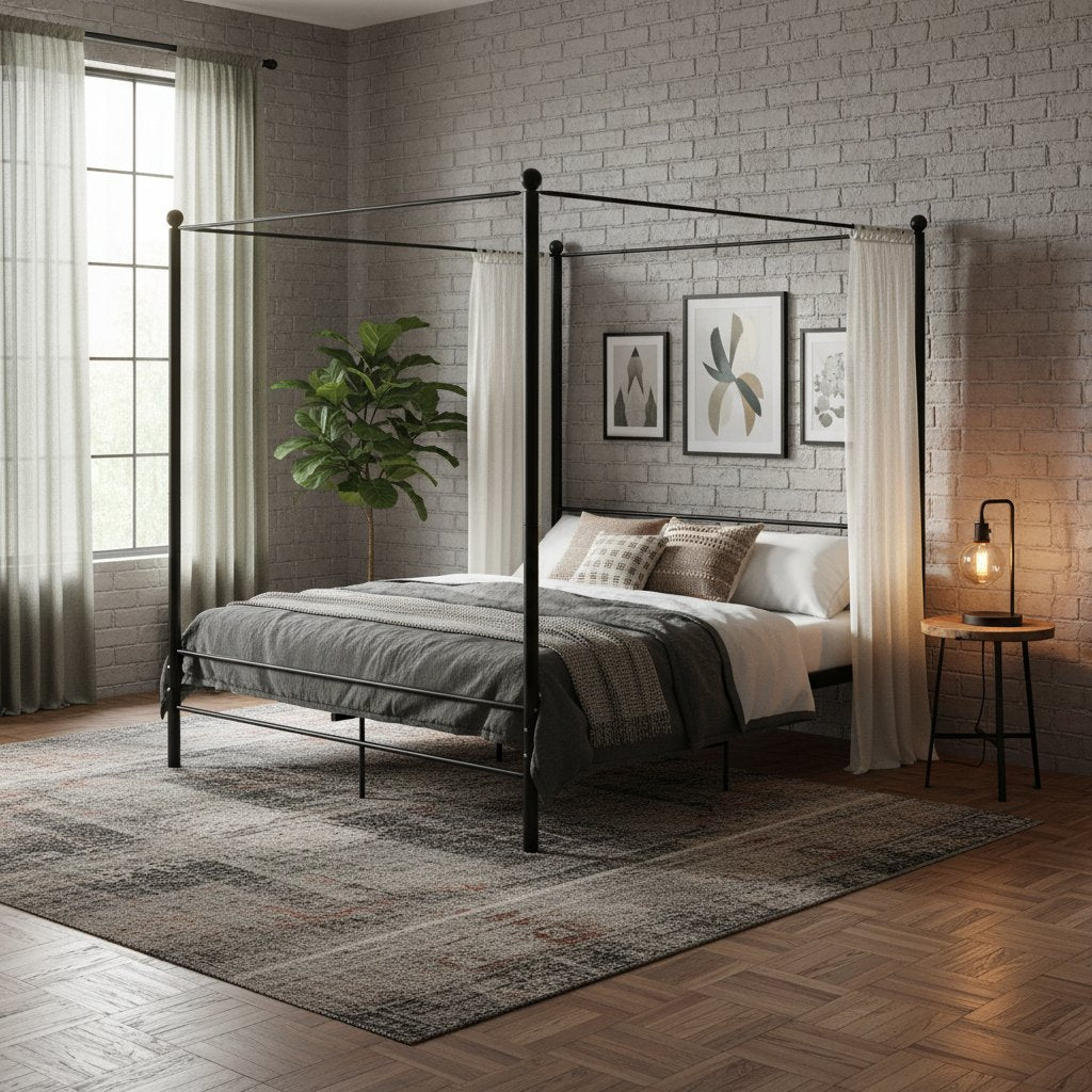 Cadre de Lit Baldaquin en Métal Noir