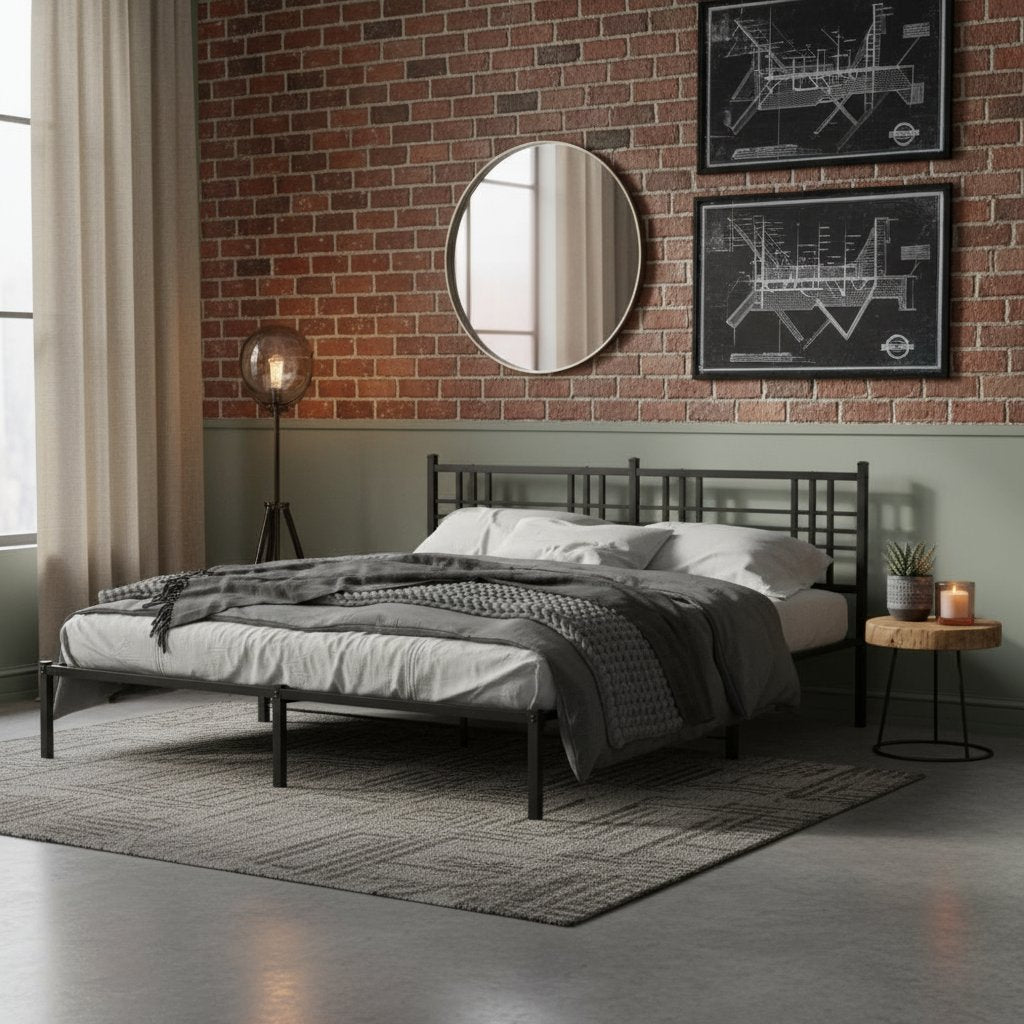 Cadre de Lit Double Industriel en Métal Noir