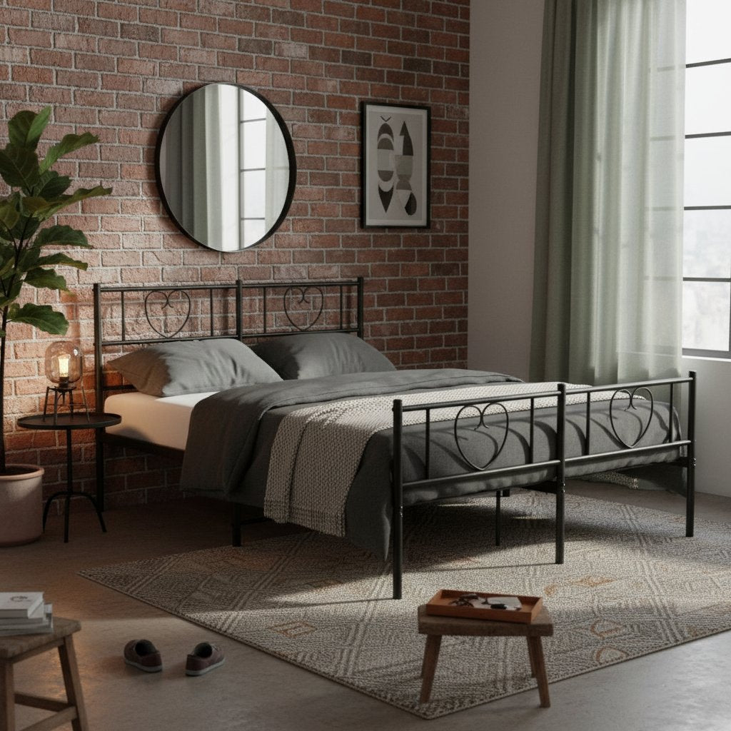 Cadre de Lit Industriel en Métal Noir 140X190