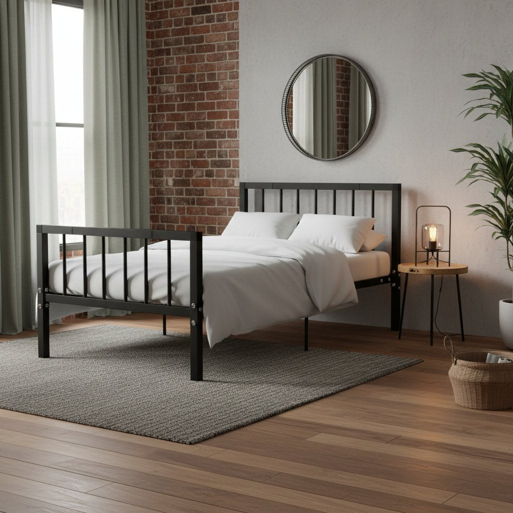 Cadre de Lit Industriel en Métal Noir 90x200