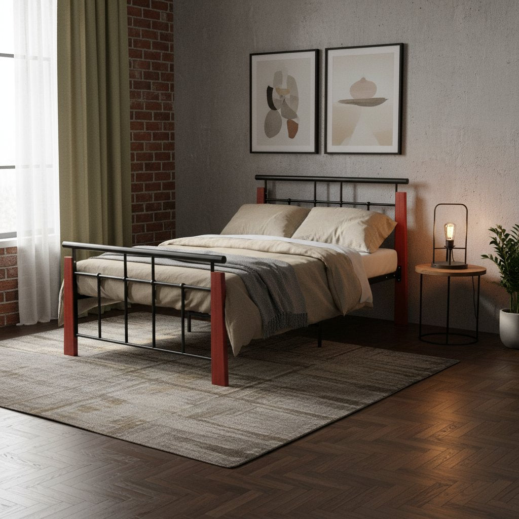 Cadre de Lit Industriel en Métal et Bois 90x200