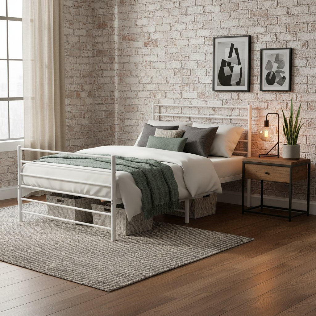 Cadre de Lit Métallique Blanc Style Industriel