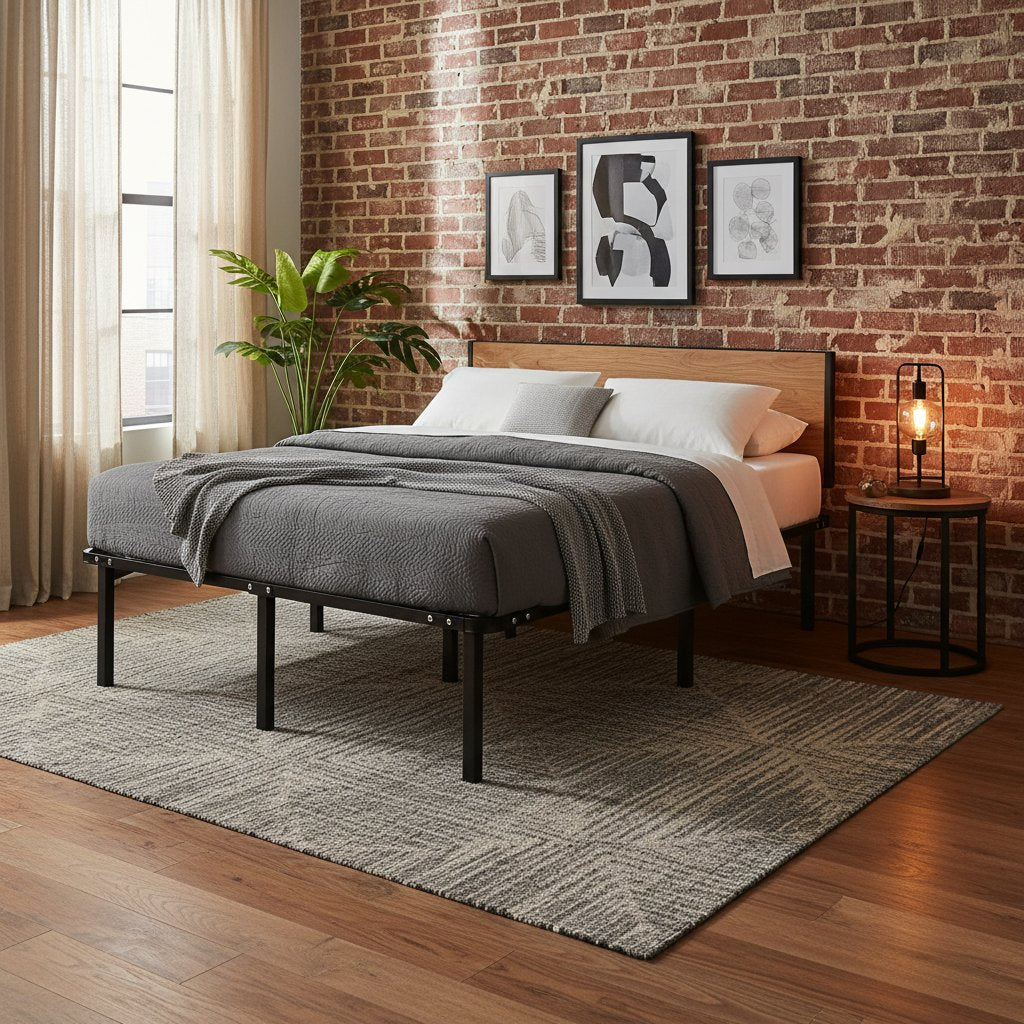 Cadre de Lit en Bois et Métal Noir