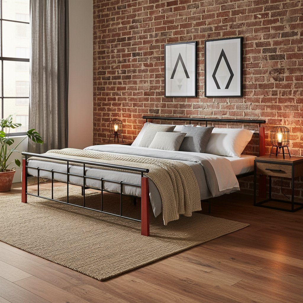 Cadre de Lit en Bois et Métal Style Industriel