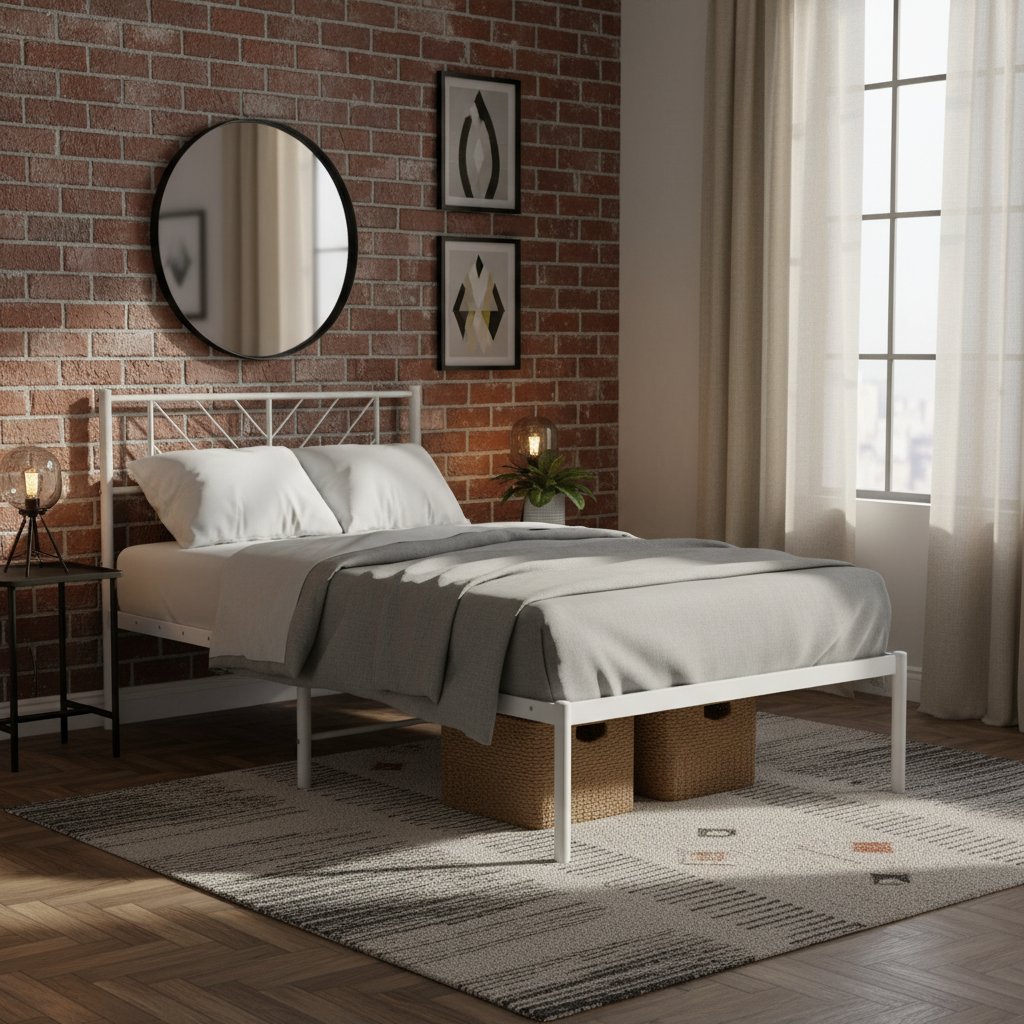 Cadre de Lit en Métal Blanc Industriel