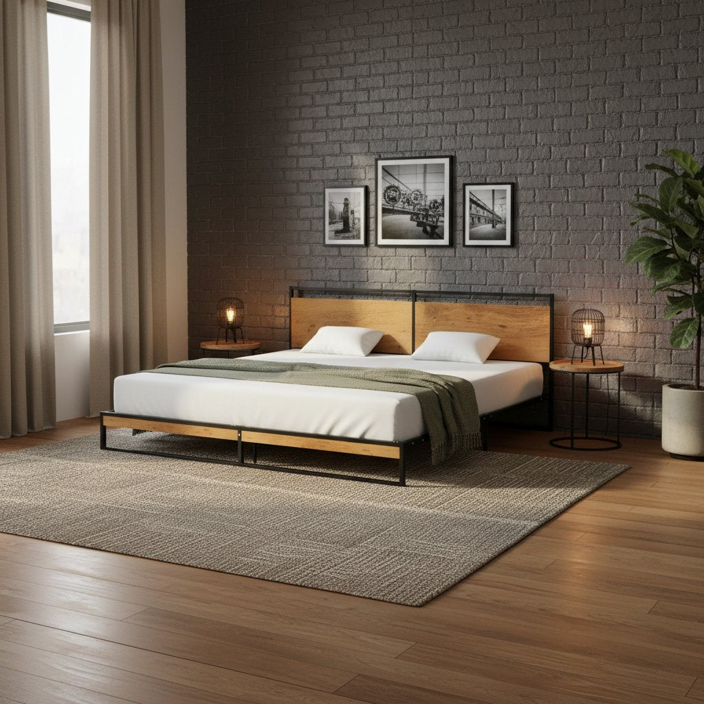 Cadre de Lit en Métal et Bois Industriel