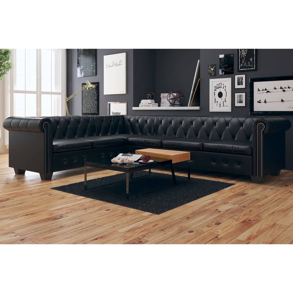 Canapé d'angle Chesterfield 6 Places en Cuir-Noir-6 places-La-Fabrique-Industrielle