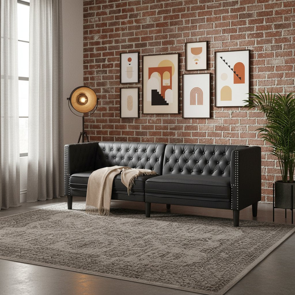 Canapé Chesterfield Noir en Cuir Industriel